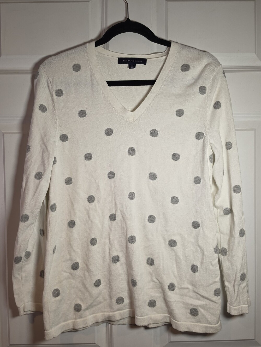 Tommy Hilfiger White V-Neck Sweater with Gray Polka Dots L
